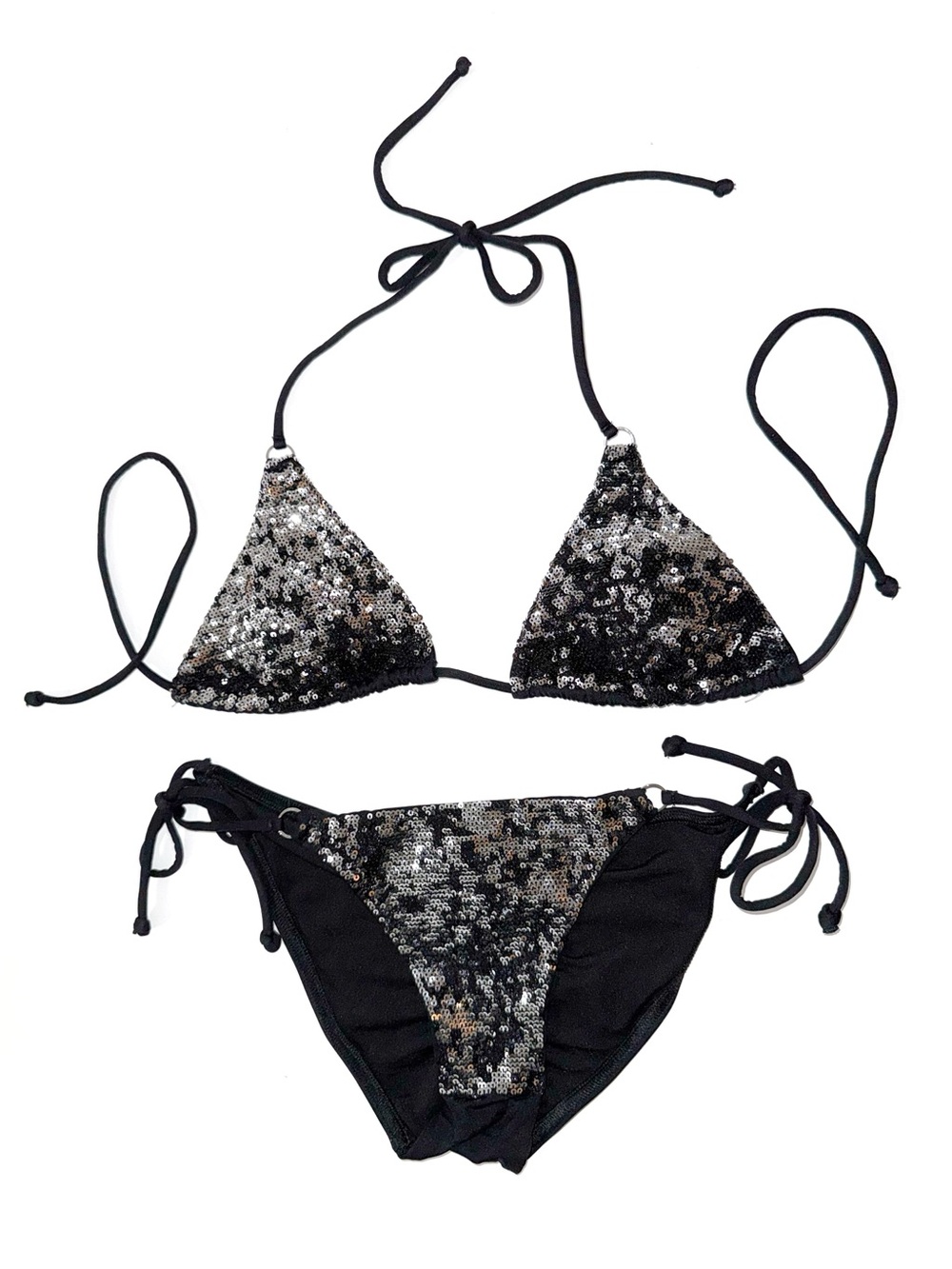Silver black sequin triangle halter top side tie bottom bikini set